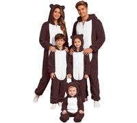 Beokeuioe Ensemble de Noël Douillet Pyjama avec Oreilles d'Ours et Capuche Costume d'Animal pour Adultes Pyjama assorti pour Famille Ensemble de Nuit Flannel en Peluche Teddy Pyjama en Une Pièce