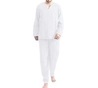Beokeuioe Ensemble de pyjama 2 pièces à manches longues et pantalon de salon avec col en V en coton et lin, A3 blanc., L