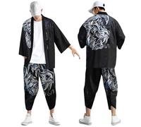 Beokeuioe Ensemble kimono japonais Yukata pour homme - Robe kimono et pantalon 3/4 - Tenue traditionnelle japonaise - Uniforme samouraï - Cosplay - Veste Ninja - Vêtement d'été - Cardigan, A003 noir,