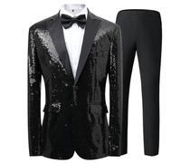 Beokeuioe Ensemble veste frack à paillettes + pantalon de costume à sequins - Veste festive brillante à paillettes - Costume de fête pour homme - Costume de mariage - Club - Carnaval, Noir , 4XL