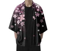 Beokeuioe Haori Cardigan Printemps Été Veste Homme Japonais Happi Kimono Imprimé Fleur de Cerisier Veste Chemise Japonaise Robe Cardigan Veste en tricot Veste mi-saison Chemise Haori, Noir , L