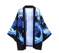Beokeuioe Japonais Manches Cinq Points Kimono Blouse Homme Femme Cape Veste Homme Japon Happi Kimono Haori Veste demi-saison été Cardigan Cosplay Costume, bleu, XXL