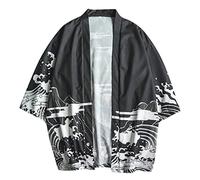 Beokeuioe Japonais Manches Cinq Points Kimono Blouse Homme Femme Cape Veste Homme Japon Happi Kimono Haori Veste demi-saison été Cardigan Cosplay Costume, a noir, L