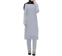 Beokeuioe Lot de 2 tuniques + pantalon long - Tenue de prière musulmane - Robe de prière musulmane - Pour femme - Manches longues - Ramadan Aïd Mubarak - Caftan, gris, XXXL