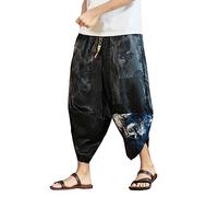 Beokeuioe Pantalon 3/4 pour homme - En soie - Pantalon de plage - Pantalon surdimensionné - Imprimé floral - Bermuda - Pantalon bouffant - Pantalon japonais - Peut être combiné avec un kimono, a noir,