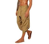 Beokeuioe Pantalon d'été léger pour homme - Coupe ample - Pantalon d'été bohème avec poches - Pantalon 3/4 en lin - Pantalon baggy avec lacets - Pantalon viking pirate médiéval, Kaki A-4., M