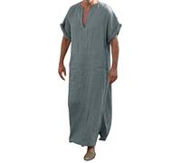 Beokeuioe Pyjama à manches courtes pour homme - En coton et lin - Col en V - Avec poches - Chemise de nuit pour homme - Caftan ethnique, A3 gris foncé, L
