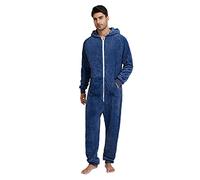 Beokeuioe Pyjama une pièce moelleux en polaire pour homme - Fermeture éclair - Col en V fixe - Sweat à capuche - Manches longues - Pour adulte - Combinaison de jeu 2 pièces, bleu, XL
