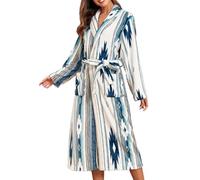 Beokeuioe Robe en polaire pour femme avec col châle, manteau imprimé épais et chaud peignoir long pour femme, peignoir de bain en éponge serviette poncho, bleu, L