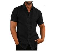 Beokeuioe T-shirt à manches courtes en lin pour homme - Chemise de loisirs - Chemise d'été décontractée - En coton léger - Coupe ajustée - Chemise d'été à manches courtes, Noir , XXXL