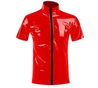 Beokeuioe Top sexy en latex brillant pour homme avec col montant hippie disco fête clubwear manteau en cuir effet mouillé top vernis veste t-shirt slim fit, C1 rouge, M