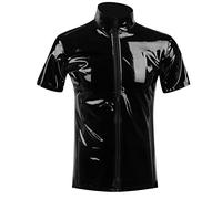 Beokeuioe Top sexy en latex brillant pour homme avec col montant hippie disco fête clubwear manteau en cuir effet mouillé top vernis veste t-shirt slim fit, C1 noir., XXXXL