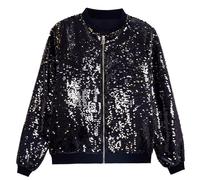 Beokeuioe Veste bomber de baseball, discothèque, fête des années 70, carnaval, costume pour homme, veste à paillettes, veste courte, clubwear, brillant, veste de pilote à sequins, Noir , M