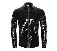 Beokeuioe Veste en latex brillant pour homme - Coupe ajustée - En cuir verni - Avec col montant - Style hippie - Disco - Pour fête - Style mouillé, b noir, S