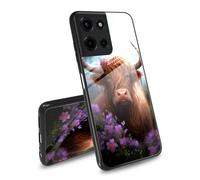 BEOTIWAD Coque arrière en verre trempé pour Motorola Moto G Play 5G 2025/Moto G Power 5G 2025 - Motif vache avec fleurs violettes - Coque arrière latérale en TPU souple - Rainure de coupe