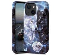 BEOTIWAD Coque de téléphone motif loup amoureux rose pour iPhone 13 Mini 5,4" double couche hybride rigide en polycarbonate et silicone, coque de protection résistante aux chocs pour iPhone 13 Mini