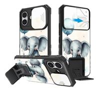 BEOTIWAD Coque pour iPhone 16 Plus 6,7" avec coque d'appareil photo coulissante - Support intégré - Double couche - Résistante aux chocs - Pour iPhone 16 Plus de 6,7" - Ballons éléphants