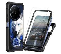 BEOTIWAD Coque pour TCL 50 XL 5G avec protecteur d'écran en verre trempé double couche robuste antichoc PC rigide + coque de protection en silicone TPU souple pour TCL 50XL 5G, loup rose bleu