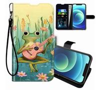 BEOTIWAD Étui portefeuille pour Blackview Shark 8/Oscal Tiger 12 avec bracelet, porte-cartes de crédit, support magnétique, résistant aux chocs, grenouille jouant de la guitare