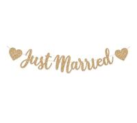 Beoveo Bannière Just Married Or Champagne en Carton, Cordon 5 m | Lettres à espacement réglable, finition pailletée champagne, suspension murale, sur table ou près d’une entrée