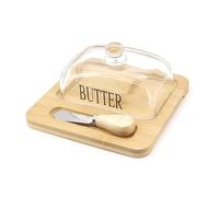 Beowanzk Beurrier en bambou avec couteau - Base en bois naturel, cloche en verre et épandeur en acier inoxydable | Vaisselle élégante pour salle à manger et cuisine