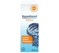 Bepanthenol Crème solaire de tatouage SPF 50+, idéale pour hydrater et protéger la peau tatouée tout en gardant les couleurs vivantes, protection large spectre rayons UVB et UVA, 50 ml