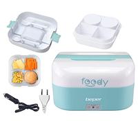 BEPER FOODY Gamelle Chauffante pour Voiture, Camion, Bureau, Ecole avec prise double ( Voiture/Mural) - Lunch Box Chauffante avec 4 Compartiments Internes Séparables + Couverts Inclus, Bleu