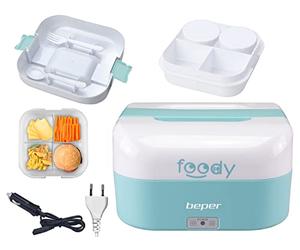 BEPER FOODY Gamelle Chauffante pour Voiture, Camion, Bureau, Ecole avec prise double ( Voiture/Mural) - Lunch Box Chauffante avec 4 Compartiments Internes Séparables + Couverts Inclus, Bleu