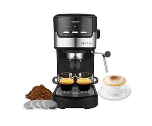 BEPER P101CAF100 Machine à café expresso Duetta, 1100W, Convient aux dosettes et au café en poudre, Machine avec bras à double sortie, 15 bars, Chauffe-tasses, tasse à mesurer et presseur inclus, Noir