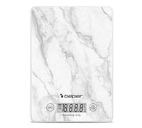 BEPER P102BIL004 Balance de cuisine numérique, plateau en verre trempé, fonction tare, écran LCD tactile, précision 1 g-5 kg, suspendable, pile incluse, marbre blanc