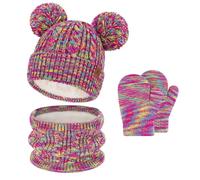 Bequemer Laden Enfant Hiver Bonnet Polaire Écharpe Cache-Cou Gants Ensemble | Bonnet Doublé Polaire Chapeau Enfant Pompon Tricot Echarpe Gants & Mitaines Temps Froid Cadeau Noel Bebe Fille Garcon 0-8 Ans