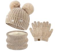 Bequemer Laden Enfants Garçons Filles Hiver Chaud Pompon Bonnet Gants Tactiles Écharpe Ensemble Tricot Chapeau Cache-Cou Avec Doublure Polaire pour 3-10 Ans Cadeaux Noel