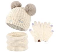 Bequemer Laden Enfants Garçons Filles Hiver Chaud Pompon Bonnet Gants Tactiles Écharpe Ensemble Tricot Chapeau Cache-Cou Avec Doublure Polaire pour 3-10 Ans Cadeaux Noel