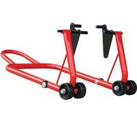Béquille rouge avec roulettes pour moto arrière pliable.
