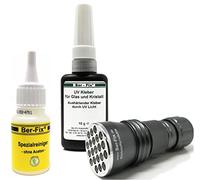 Ber-Fix Kit de colle UV avec lampe - Colle pour verre et verre - 10 g - Faible viscosité - 21 LED - Lampe de poche UV 395 nm - Nettoyant