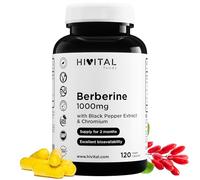 Berbérine 1000 mg. 120 gélules végétaliennes pour 2 mois de traitament. Extrait naturel de Berberis Vulgaris avec Chrome et Poivre Noir pour améliorer l'absorption. Fabriqué en Europe par HIVITAL