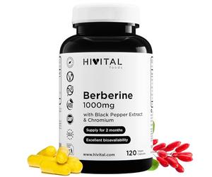 Berbérine 1000 mg. 120 gélules végétaliennes pour 2 mois de traitament. Extrait naturel de Berberis Vulgaris avec Chrome et Poivre Noir pour améliorer l'absorption. Fabriqué en Europe par HIVITAL
