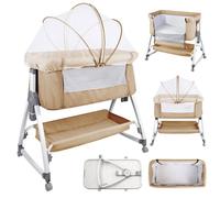 Berceau cododo bébé et Lit d'appoint évolutif - Hauteur réglable à 6 niveaux - Étagère de rangement et Pieds triangulaire - Beige