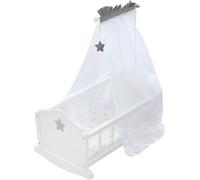 Berceau De Poupée En Bois Stella - Inclus Linge De Lit Imprimé Étoiles + Couverture + Oreiller + Ciel De Lit - Favorise Les Habiletés Sociales - Dès 3 Ans - Blanc / Gris