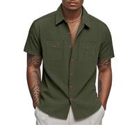 BERCIELY Manche Courte Homme Léger Confortable Respirant Décontractée Shirts Coupe Régulière Mode Chemise en Lin Tempérament Tendance Classique Shirt À Patte De Boutonnage E-Army Green L