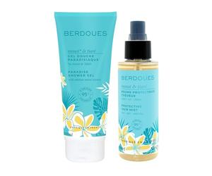 BERDOUES - Brume parfumée protectrice cheveux 100 ml + Gel douche 200 ml. Parfum Monoï Tiaré. Parfum femme, 95% d'origine naturelle. Vegan, Made in France.
