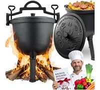 Berdsen Marmite en fonte de 11 l - Pour feu de camp et barbecue - Cuisson uniforme - Avec 3 pieds et anse de suspension - Livre de recettes inclus - Noir
