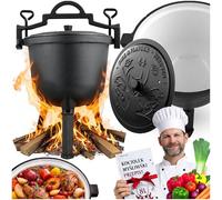 Berdsen Marmite en fonte de 8 l - Faitout émaillé pour feu de camp et barbecue - Cuisson uniforme sans adhérence - Avec 3 pieds et crochet de suspension - Avec livre de recettes - Noir
