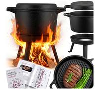 Berdsen Marmite en fonte de 8 l - Pour feu de camp et barbecue - Couvercle 2 en 1 utilisable comme poêle - Avec 3 pieds et anse de suspension - Avec livre de recettes - Noir