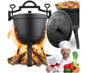 Berdsen Marmite en fonte de 8 l - Pour feu de camp et barbecue - Cuisson uniforme - Avec 3 pieds et support de suspension - Avec livre de recettes - Noir