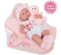 Berenguer - All-Vinyl La Newborn Doll in White Onesie/Pink Bear Theme. REAL GIRL!
