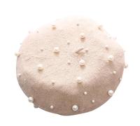 Béret basque pour femme - Avec perle - Élégant et mignon - Style français - Bonnet - Cache-oreilles - Pour femme, beige, S