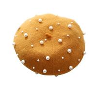 Béret basque pour femme - Avec perle - Élégant et mignon - Style français, jaune, taille unique