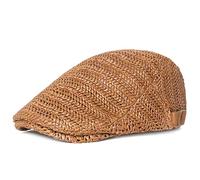 Béret de paille Newsboy pour homme et femme - Chapeau de plage d'été en maille lierre casquette plate unie unie réglable chapeau de paille de conduite, marron, taille unique