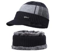 Béret en feutre Ensemble écharpe avec visière Chapeau épais tricoté chaud pour l'extérieur Chapeau de soleil 55 garçon, Noir , taille unique